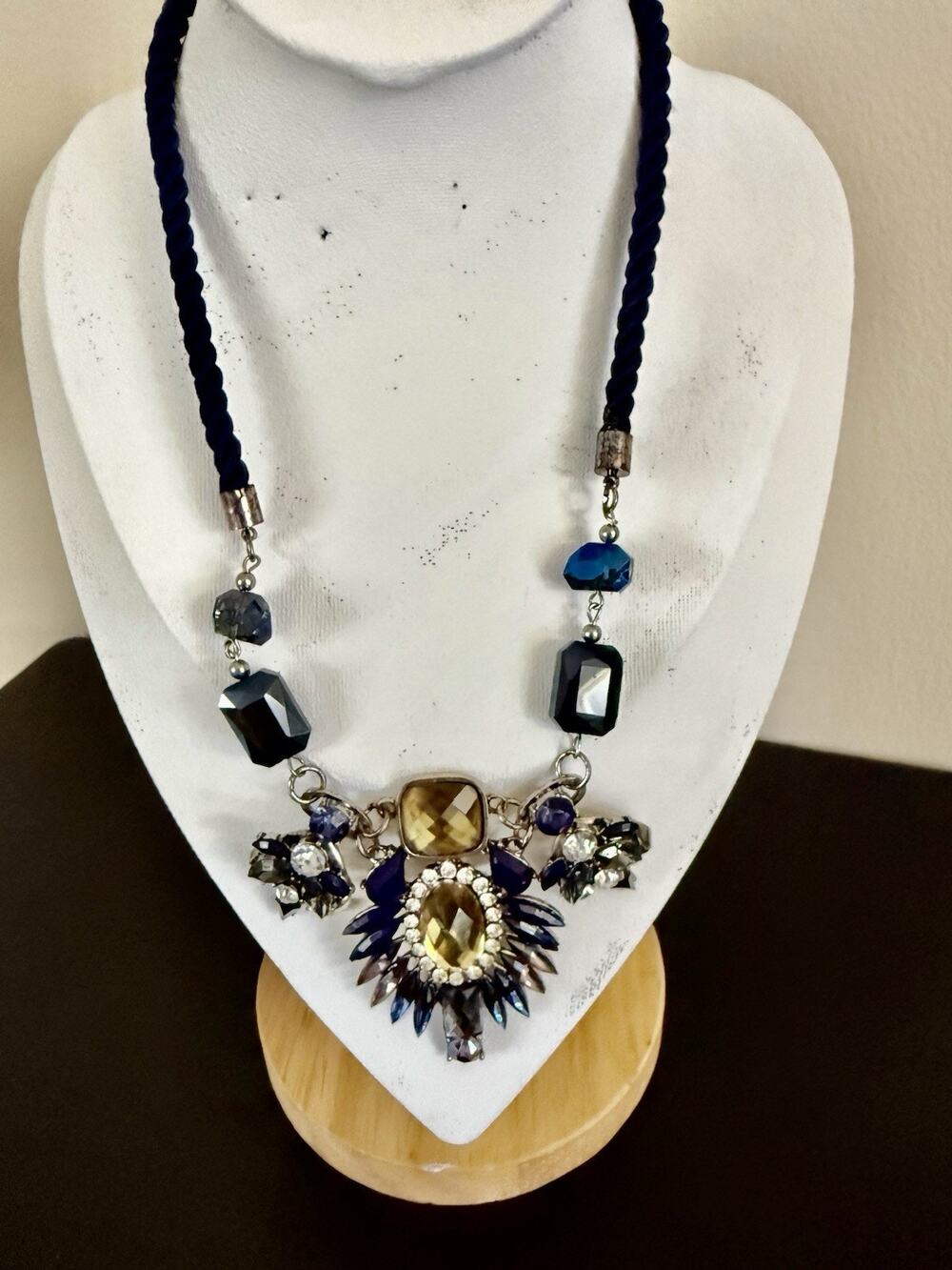 Statement Chunky Necklace Cluster With Navy Blue Rhinestones Unique Adjustable
